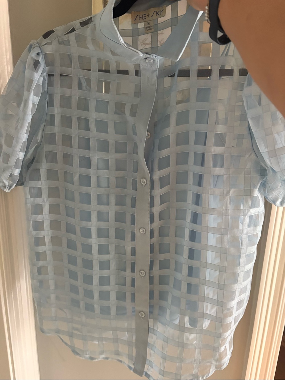 She + Sky Pale Blue Sheer Check Short Sleeve Button-Down